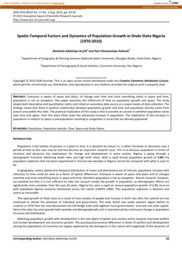 Spatio-Temporal Factors and Dynamics of Population Growth in Ondo State Nigeria (1970-2010)