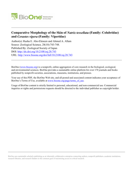 Comparative Morphology of the Skin of Natrix Tessellata (Family: Colubridae) and Cerastes Vipera (Family: Viperidae) Author(S): Rasha E
