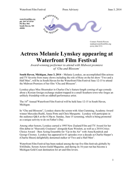 Actress Melanie Lynskey Appearing at Waterfront Film Festival Award-Winning Performer to Attend with Midwest Premiere of ‘Chu and Blossom’