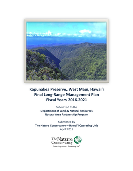 Kapunakea Long Range Management Plan 2016-2021