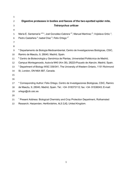Digestive Proteases in Bodies and Faeces of the Two-Spotted Spider Mite, 3 Tetranychus Urticae 4 5 María E