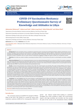 COVID-19 Vaccination Hesitancy: Preliminary Questionnaire Survey of Knowledge and Attitudes in Libya