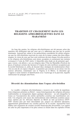 Tradition Et Changement Dans Les Religions Afro-Brésiliennes Dans Le Maranhão