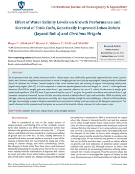 Hoque F, Et Al. Effect of Water Salinity Levels on Growth Performance and Survival of Copyright© Hoque F, Et Al