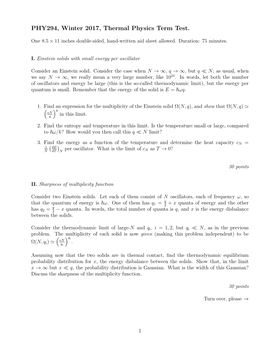 PHY294, Winter 2017, Thermal Physics Term Test