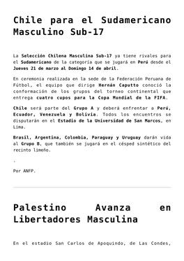 Palestino Avanza En Libertadores Masculina,Chile Quedando Fuera