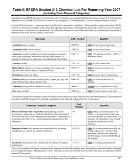 Table II. EPCRA Section 313 Chemical List for Reporting Year 2007 (Including Toxic Chemical Categories)