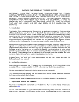 Eastlink Tivo Mobile App Terms of Service