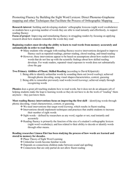 Promoting Fluency by Building the Sight Word Lexicon: Direct Phoneme-Grapheme Mapping and Other Techniques That Facilitate the Process of Orthographic Mapping