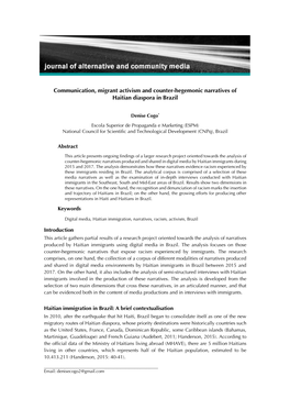 Communication, Migrant Activism and Counter-Hegemonic Narratives of Haitian Diaspora in Brazil