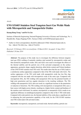 UNS S31603 Stainless Steel Tungsten Inert Gas Welds Made with Microparticle and Nanoparticle Oxides