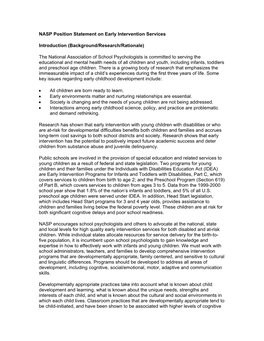 NASP Position Statement on Early Intervention Services Introduction