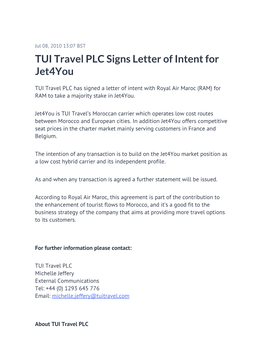 TUI Travel PLC Signs Letter of Intent for Jet4you