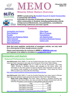 MEMO Is Produced by the Scottish Council of Jewish Communities in Partnership with BEMIS