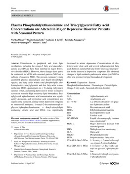 Plasma Phosphatidylethanolamine and Triacylglycerol Fatty Acid Concentrations Are Altered in Major Depressive Disorder Patients with Seasonal Pattern