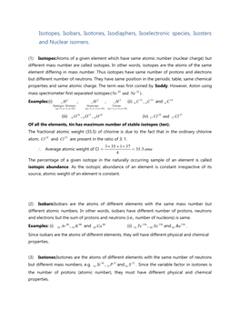 Isotopes, Isobars, Isotones, Isodiaphers, Isoelectronic Species, Isosters and Nuclear Isomers