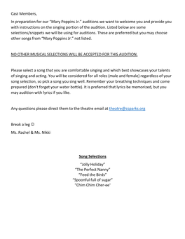 Cast Members, in Preparation for Our “Mary Poppins Jr.” Auditions We Want to Welcome You and Provide You with Instructions on the Singing Portion of the Audition