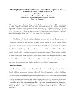 Providing Shepherds for Soldiers: a History of Catholic Military Chaplaincy in the U.S.” Reverend Mark Francis O’Malley, Hist.Eccl.D