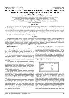 Toxic and Essential Elements in Agricultural Soil and Wheat Toksični I Esencijalni Elementi U Poljoprivrednom Zemljištu I Pš