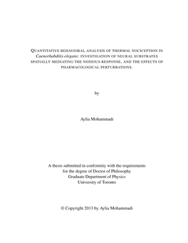 By Aylia Mohammadi a Thesis Submitted in Conformity with the Requirements for the Degree of Doctor of Philosophy Graduate Depart