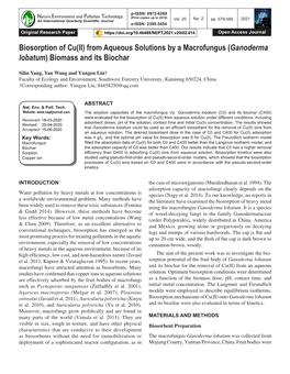 Biosorption of Cu(II) from Aqueous Solutions by a Macrofungus (Ganoderma Lobatum) Biomass and Its Biochar