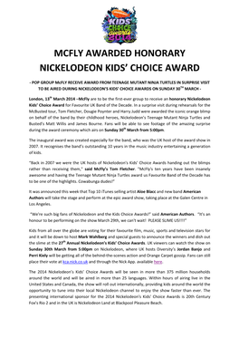 Mcfly Awarded Honorary Nickelodeon Kids' Choice