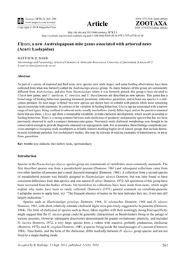 Ulyxes, a New Australopapuan Mite Genus Associated with Arboreal Nests (Acari: Laelapidae)