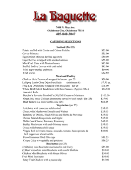 Catering Menu La Baguette Bistro