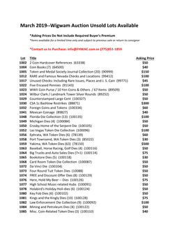 March 2019--Wigwam Auction Unsold Lots Available