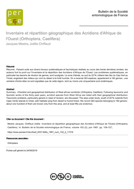 Inventaire Et Répartition Géographique Des Acridiens D'afrique De L'ouest (Orthoptera, Caelifera) Jacques Mestre, Joëlle Chiffaud