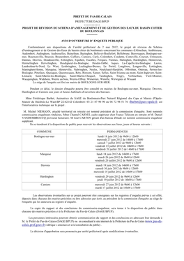 Prefet Du Pas-De-Calais Prefecture/Dage/Bpup ------Projet De Revision Du Schema D'amenagement Et De Gestion Des Eaux Du Bassin Cotier Du Boulonnais