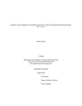 Formal and Harmonic Considerations in Clara Schumann's Drei Romanzen, Op. 21, No. 1