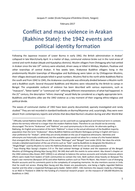 Conflict and Mass Violence in Arakan (Rakhine State): the 1942 Events and Political Identity Formation