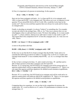 Frequently Asked Questions and Answers on the Acid and Base Strength CH101/2 General Chemistry, Boston University, January 17, 2007