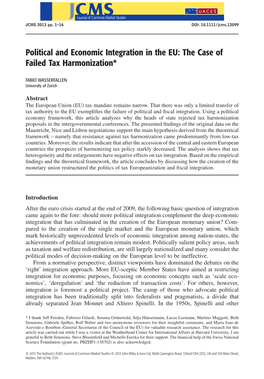 Political and Economic Integration in the EU: the Case of Failed Tax Harmonization*
