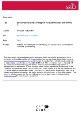 Title Sustainability and Motorsport: an Examination of Formula E