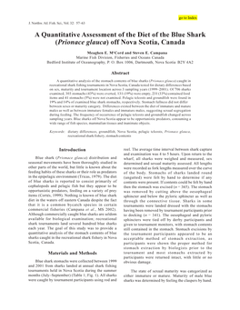 A Quantitative Assessment of the Diet of the Blue Shark (Prionace Glauca) Off Nova Scotia, Canada