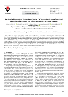 Earthquake History of the Yatağan Fault (Muğla, SW Turkey): Implications for Regional Seismic Hazard Assessment and Paleoseismology in Extensional Provinces