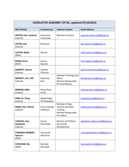 LEGISLATIVE ASSEMBLY of BC, Updated 07/16/2013