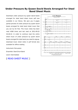 Under Pressure by Queen David Bowie Arranged for Steel Band Sheet Music