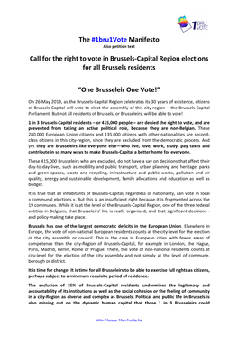 The #1Bru1vote Manifesto Call for the Right to Vote in Brussels-‐Capital R