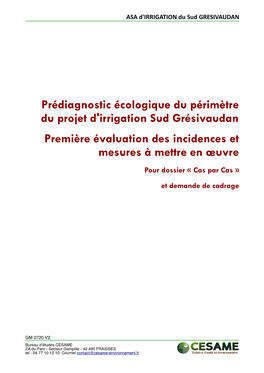 Prédiagnostic Écologique Du Périmètre Du Projet D'irrigation Sud