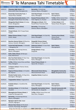 Te Manawa Tahi Timetable