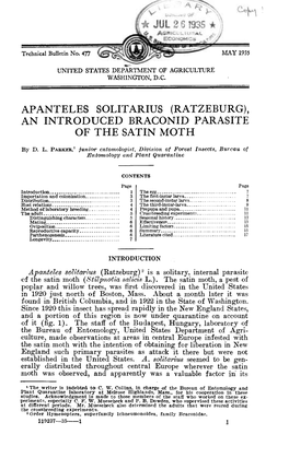 Apanteles Solitarius (Ratzeburg), an Introduced Braconid Parasite of the Satin Moth