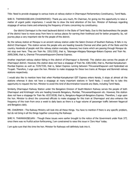 Title: Need to Provide Stoppage to Various Trains at Railway Station in Dharmapuri Parliamentary Constituency, Tamil Nadu
