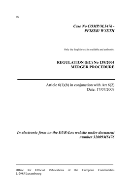 Case No COMP/M.5476 - PFIZER/ WYETH