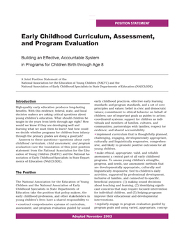 Early Childhood Curriculum, Assessment, and Program Evaluation