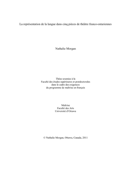 La Représentation De La Langue Dans Cinq Pièces De Théâtre Franco-Ontariennes