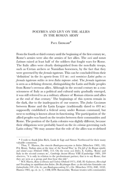 POLYBIUS and LIVY on the ALLIES in the ROMAN ARMY Paul Erdkamp* from the Fourth Or Third Century Until the Beginning of the Firs