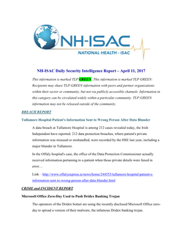 NH-ISAC Daily Security Intelligence Report – April 11, 2017